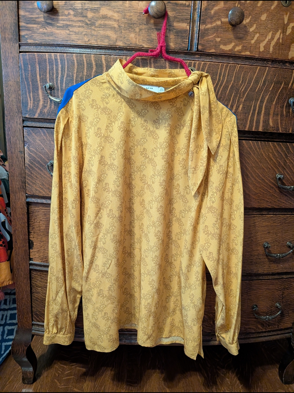 Coach Mustard Yellow Tie-Neck Blouse with Blue Stripe And Snap Closure
